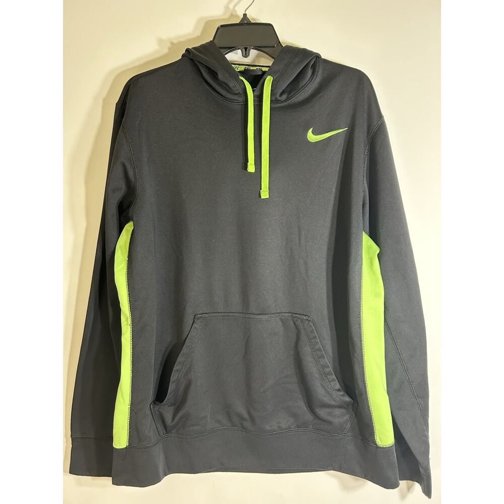 Men's Nike Therma Fit Dri-Fit Pullover Hoodie Black Neon Green Size Large